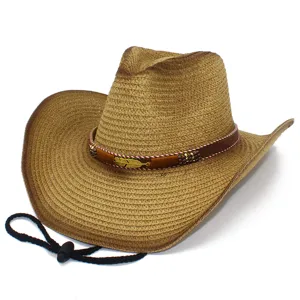 Vista dettagliata del cappello da cowboy in paglia, comodo cappello da sole per mare.