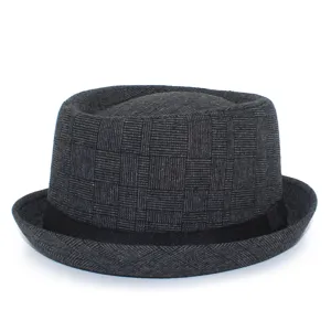 Classic plaid pork pie hat detail, retro British style jazz hat for men and women, gray.