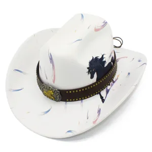 Close-up of white cowboy hat featuring black horse print and studded brown leather hat band style.
