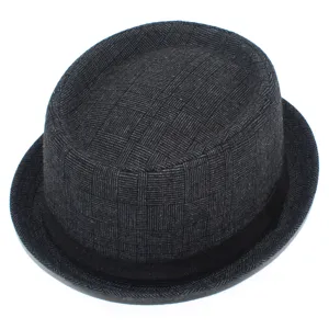 Classic plaid pattern jazz hat detail view, retro British style domed pork pie hat for all season.