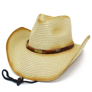 Cappello di Paglia Stile Western Americano Falda Curva Uomo Donna Vintage Cowboy Cappello da Sole Decoro Piuma Traspirante Spiaggia