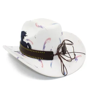 Fashion cowboy hat with pony print, brown studded leather band, and upturned brim design.