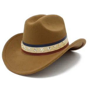 Brown western cowboy hat with red white blue star rivet hatband, lightweight party accessory.