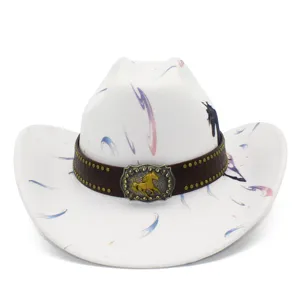 Close-up detail of white cowboy hat with colorful brushstrokes and horse buckle.