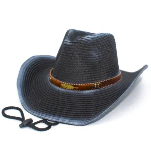 Cappello da cowboy occidentale in paglia con fascia di piume e sottogola per la spiaggia.