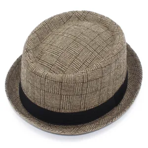 Classic brown plaid fedora hat detail, elegant vintage British style jazz hat with black band.