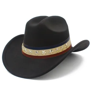 Close-up detail of western cowboy hat with red white blue star rivet band and felt texture.