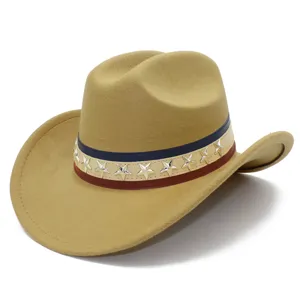 Detailed view of the western cowboy hat featuring silver star rivets and patriotic ribbon.