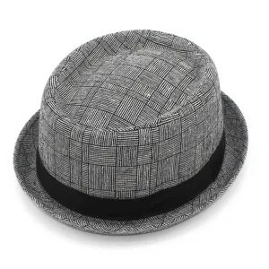 Classic black and white plaid fedora hat with black band, retro British style for all seasons.