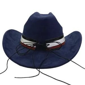 Blue western cowboy hat detail, featuring tri-color decorative band and black string ties.