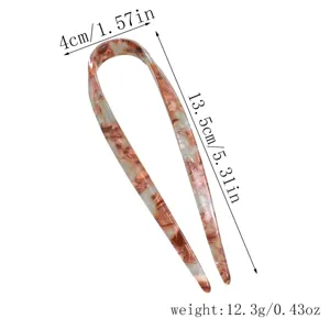 Details of stylish tortoise shell acetate U-shaped hair stick with precise dimensions.