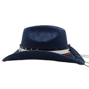 Blue suede cowboy hat with star stud belt and tassel, perfect for party, festival and cosplay.