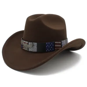 Classic brown western cowboy hat with eagle badge and american flag band, perfect for outdoor styling.