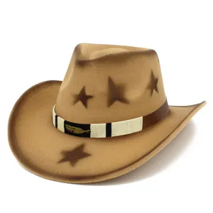 Vintage brown felt western cowboy hat featuring star print and feather strap detail.