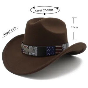 Stylish brown wool western cowboy hat featuring American flag band and eagle badge