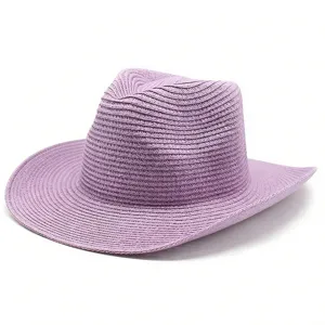 Vue détaillée du chapeau de paille tressé violet respirant, chapeau de cowboy western.