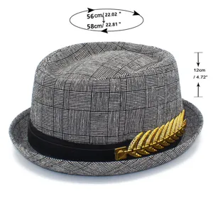 Detailed view of a stylish men's British plaid fedora hat with gold feather decor, size 56-58cm.