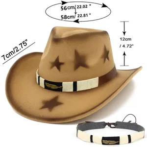 Close-up of vintage western cowboy hat featuring star print and decorative feather band.