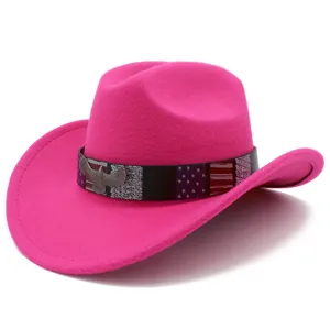 Pink felt cowboy hat with American flag pattern belt and eagle emblem for outdoor sun protection