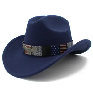 Detail view of the American flag eagle badge cowboy hat, classic western style fedora for outdoor.