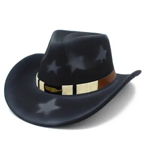 Retro black wool cowboy hat with star pattern, ethnic band and feather decoration for men women.