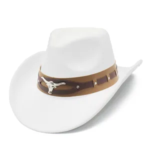White western cowboy hat with brown band and silver bull skull emblem for fashion wear.