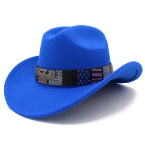 Blue felt cowboy hat detail view showing decorative belt with eagle and American flag pattern.