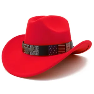 Red cowboy hat with American flag band and eagle badge, perfect for outdoor and festival wear.