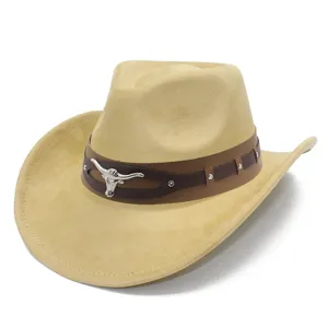 Close-up detail of the suede cowboy hat featuring a brown band and silver longhorn accent.