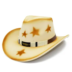 Detailed view of retro western cowboy hat with vintage star print and elegant feather hatband.