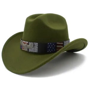 Military green wool felt cowboy hat with American flag pattern band and metal eagle badge.