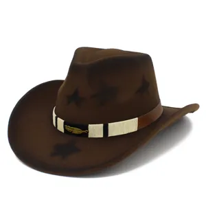 Retro wool felt cowboy hat with star print and feather decor, ideal for western outdoor wear.