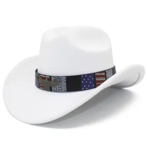 White western cowboy hat featuring a patriotic flag hatband and metal eagle emblem.