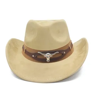 Close-up view of the suede cowboy hat showing the detailed leather band and silver longhorn accent.