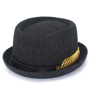 Men's British Style Woven Fedora Hat with Elegant Gold Feather Decoration Casual Sun Hat
