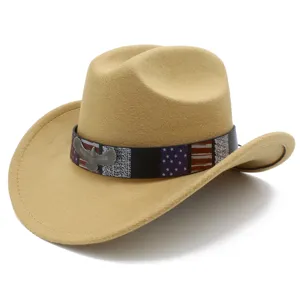 Detail view of khaki cowboy hat with eagle badge and US flag pattern decorative band.