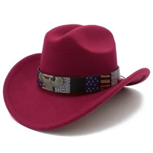 Rose red western cowboy hat with American flag eagle band for outdoor sun protection