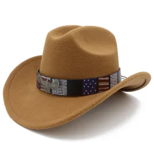 Classic western cowboy hat with patriotic eagle emblem and flag band for outdoor sunny days.