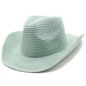 Chapeau de paille tissé vert clair style cowboy vue détaillée chapeau de soleil respirant.