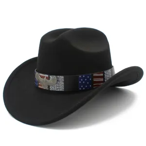 Detailed view of black western cowboy hat featuring American flag hat band and eagle badge.
