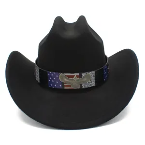 Black western cowboy hat with American flag band and eagle badge for outdoor sun protection.