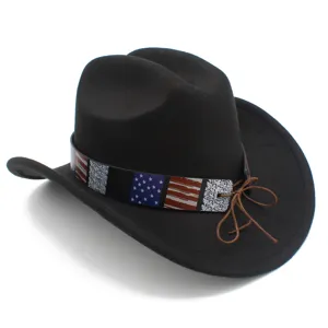 Black cowboy hat detail view featuring American flag decorative band and brown string bow.