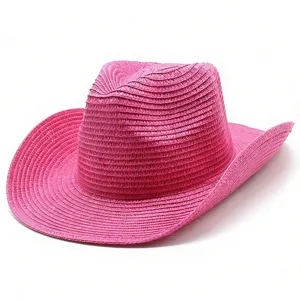 Chapeau de Cowboy en Paille Tressée Rose Été Extérieur Protection Solaire pour Femmes Hommes
