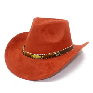 Close-up of orange suede cowboy hat detail, showing metal feather charm and woven band texture.