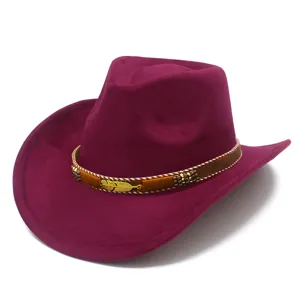 Women Suede Western Cowboy Hat Fedora Jazz Cap with Gold Leaf Band Purple Detail View