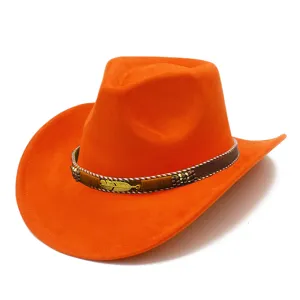 Suede western cowboy hat detail, orange curved brim, metal leaf leather belt decor.