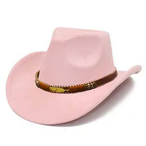 Pink suede cowboy hat with a brown woven band and gold leaf charm for stylish looks.