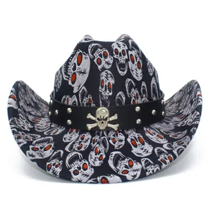 Skull cowboy hat for men women punk rock gothic festival party jazz hat cool black headwear