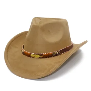 High quality suede curved brim cowboy hat with metal leaf belt detail, perfect jazz hat.