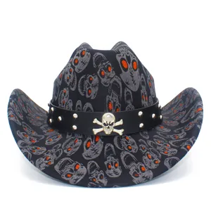 Gothic Punk Skull Print Cowboy Hat Rivet Leather Band Unisex Western Jazz Hat Halloween Party Cosplay Fedora Top Hat